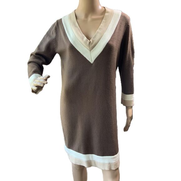 K. Jordan Brown Cream V Neck Long Sleeve Sweater Dress Size Medium - Picture 1 of 12